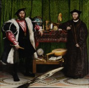 Holbein’s double portrait of two envoys beside shelves of instruments, with a distorted skull across the floor