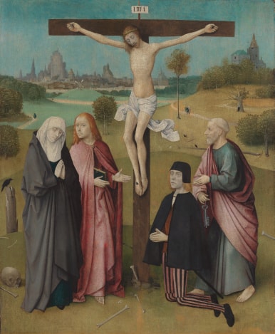 Late-medieval panel painting of the Crucifixion, with a donor kneeling at the foot of the cross