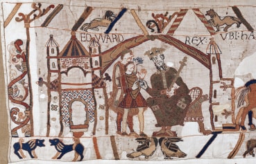Embroidered opening scene of the Bayeux Tapestry: King Edward the Confessor speaking with Harold