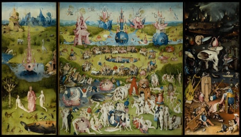 Bosch’s triptych, crowded with tiny figures, giant fruit and fantastical creatures